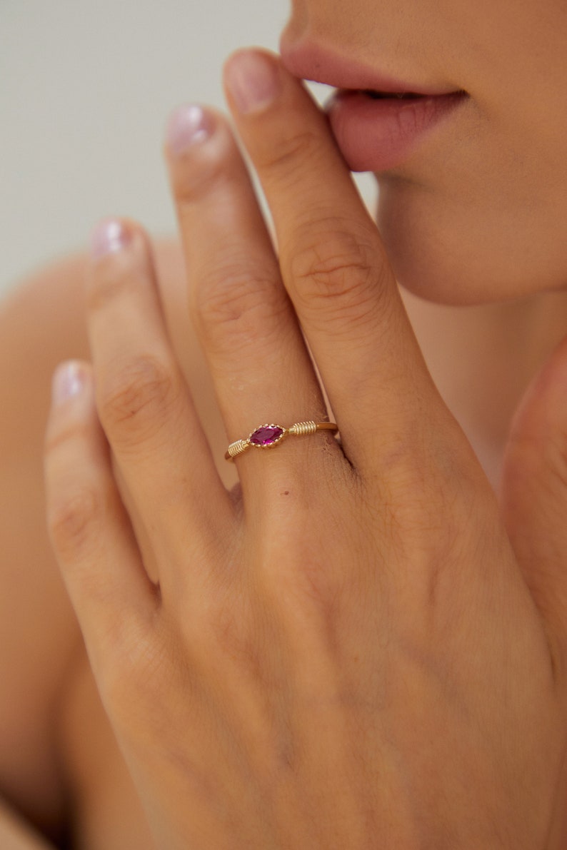 Sozuer Minimalist Three Stone Ruby Diamond Baguette Ring, Rose Gold Wedding, Stacking & Promise Ring image 8