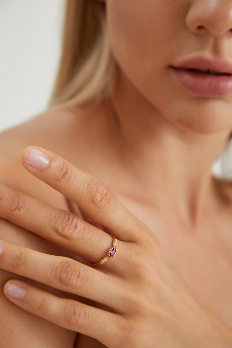 Sozuer Minimalist Three Stone Ruby Diamond Baguette Ring, Rose Gold Wedding, Stacking & Promise Ring image 6