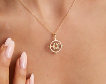 Ship Wheel Gold Necklace, Zircon Stone Gift Necklace