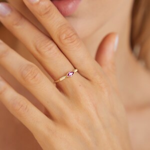 Sozuer Minimalist Three Stone Ruby Diamond Baguette Ring, Rose Gold Wedding, Stacking & Promise Ring image 9