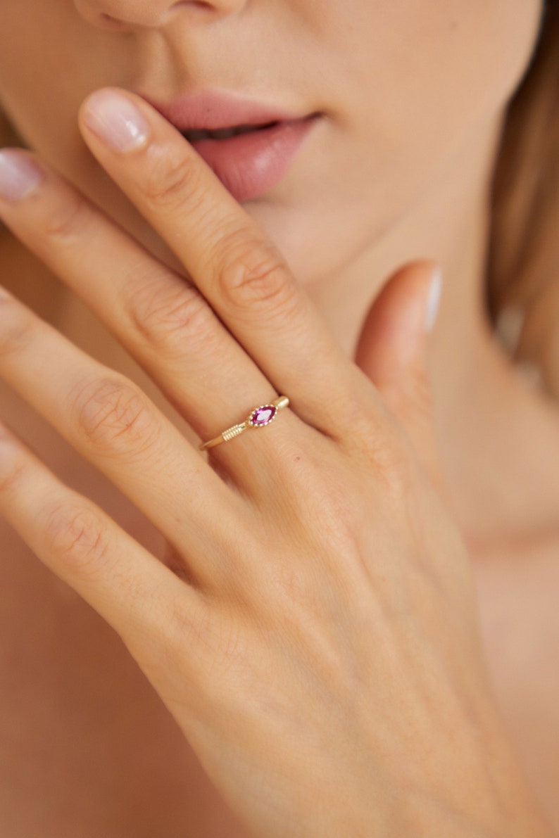 Sozuer Minimalist Three Stone Ruby Diamond Baguette Ring, Rose Gold Wedding, Stacking & Promise Ring image 9