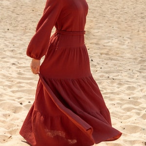 Beautiful Handmade cotton muslin dress / Long red dress / Seller from Poland