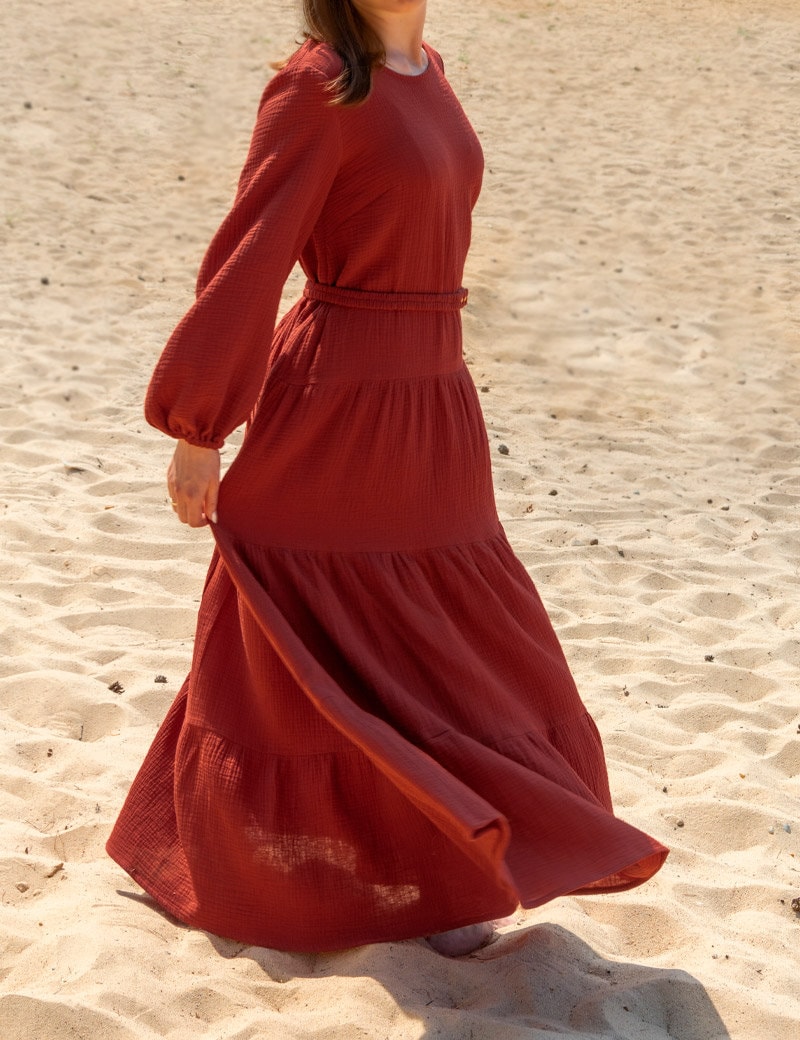 red muslin dress Handmade Red Muslin Dress, Long Sleeve Cotton Maxi