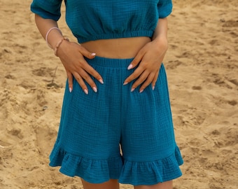 Muslin Ruffle Shorts, 100% Cotton Elastic Waistband