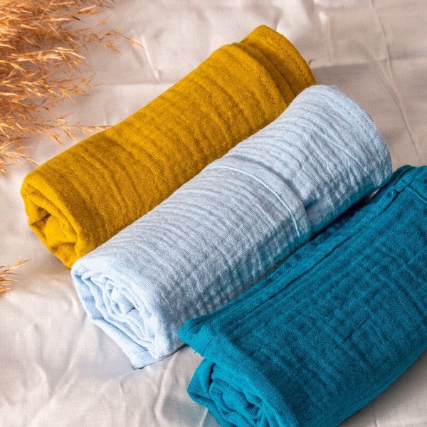 3 in 1 Set van 3 handdoeken / doekjes / Biologische katoenen mousseline luier 3 kleuren / slabbetjes voor kinderen / omslagdoek, sjaal / katoenen deken van dubbel gaas