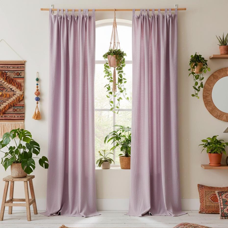 Lot De 4 Rideaux BOHEMIAN FARMHOUSE - Draps Imprimés Jacobin - Tons Lilas, Lavande, Ivoire
