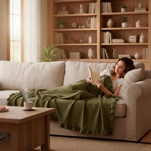Può includere: Una donna si rilassa su un divano beige, leggendo un libro e coperta da una coperta verde. Una tazza di caffè è su un tavolino di legno di fronte al divano. Una libreria è sullo sfondo.