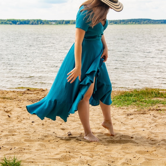 blue boho midi dress Muslin Dress, Flared Cotton V-Neck Size:CUSTOM SIZE ONLY Holiday Looks * Boho Edit:NYFWDesk I have a red