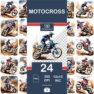 May include: A set of 24 digital illustrations of motocross riders in watercolor style. The riders are wearing racing gear and riding dirt bikes on a dirt track. The illustrations are in PNG format and are 300 DPI. The images are 10 inches by 10 inches and are for commercial use.
