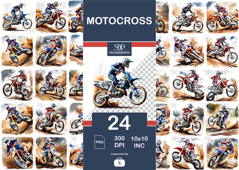 May include: A set of 24 digital illustrations of motocross riders in watercolor style. The riders are wearing racing gear and riding dirt bikes on a dirt track. The illustrations are in PNG format and are 300 DPI. The images are 10 inches by 10 inches and are for commercial use.