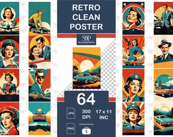 64 Retro Magazine Poster Bundle: Vintage Art Prints (Jpeg & Png)
