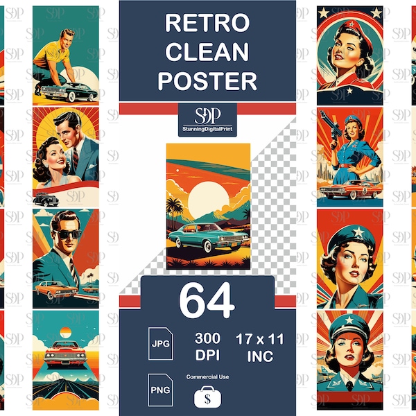 64 Retro Poster, Retro Magazine Bundle, Poster Jpeg & Png ,High Quality Jpeg, Retro Png,Retro Clipart,Vintage ,Vintage Png,Commercial Use