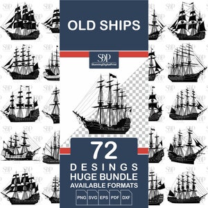 72 oude schepen SVG BUNDEL, Vebtor-bestand, piratenschepen Svg, zeilend oud schip, schepen silhouet, Svg-bestanden voor Cricut, schepen tshirt, commercieel gebruik