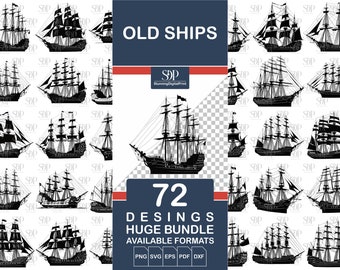 72 Old Ships SVG Bundle, Pirate Sailing Silhouette Designs (png, svg, eps, pdf, dxf)