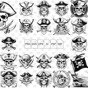 Peut inclure: Un ensemble de 25 illustrations de cr&acirc;nes de pirates en noir et blanc. Les cr&acirc;nes portent des chapeaux de pirates et certains tiennent des &eacute;p&eacute;es ou des os crois&eacute;s. Les illustrations sont dans une vari&eacute;t&eacute; de poses et de styles.