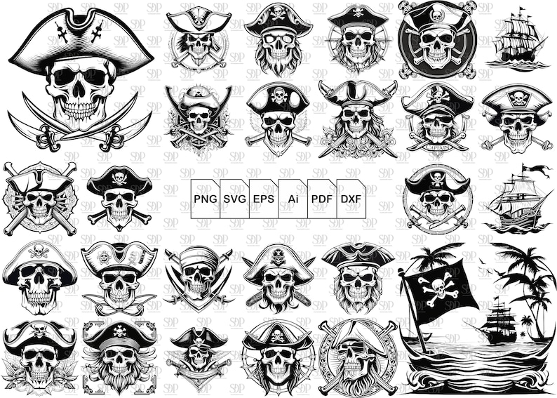 Peut inclure: Un ensemble de 25 illustrations de cr&acirc;nes de pirates en noir et blanc. Les cr&acirc;nes portent des chapeaux de pirates et certains tiennent des &eacute;p&eacute;es ou des os crois&eacute;s. Les illustrations sont dans une vari&eacute;t&eacute; de poses et de styles.