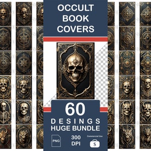 Puede incluir: Un conjunto de 60 portadas de libros de ocultismo con intrincados diseños dorados y calaveras sobre un fondo negro. Las portadas son de 300 DPI y en formato PNG. Se permite el uso comercial.