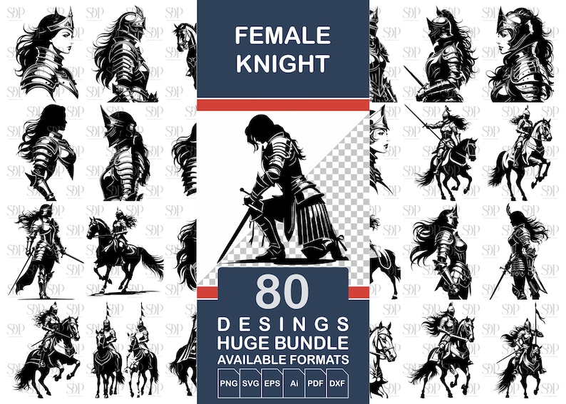 Kvinnlig riddare SVG-paket, krigarkvinna medeltida rustningsdesigner (digital nedladdning) bild 1
