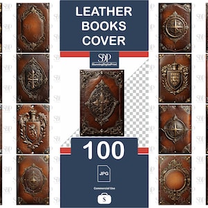 May include: A set of 100 digital images of leather book covers with ornate gold designs. The covers feature various designs, including a compass, a shield with a crown, and a cross. The images are in JPG format and are for commercial use.