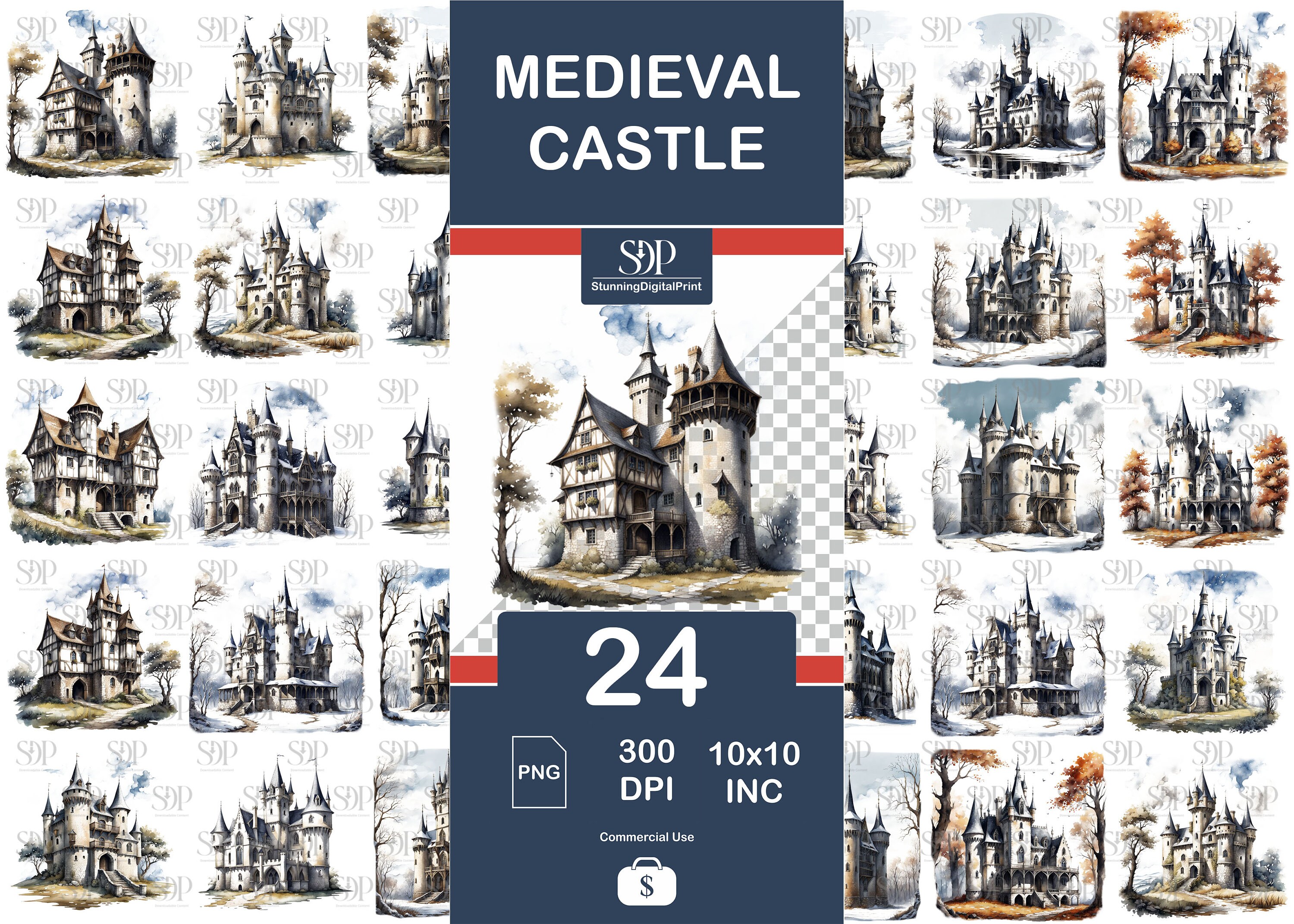 24 Medieval Castle Png Bundle,high Quality Png,watercolor Medieval ...