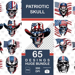 65 Patriotic Skull Png Bundle, High Quality Png, American Flag Skull Clipart, Skull Sublimation PNG, Patriotic Skull PNG, Commercial Use