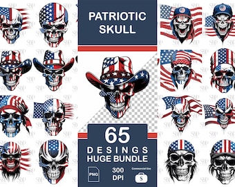 65 Patriotic Skull PNG Bundle: American Flag Clipart (Commercial Use)