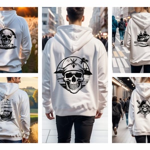 Peut inclure: Quatre sweats &agrave; capuche blancs avec diff&eacute;rents motifs graphiques noirs et blancs au dos. Les motifs comprennent un cr&acirc;ne avec des &eacute;p&eacute;es crois&eacute;es, un cr&acirc;ne avec un chapeau de pirate, un navire avec des voiles et un cr&acirc;ne avec des palmiers.