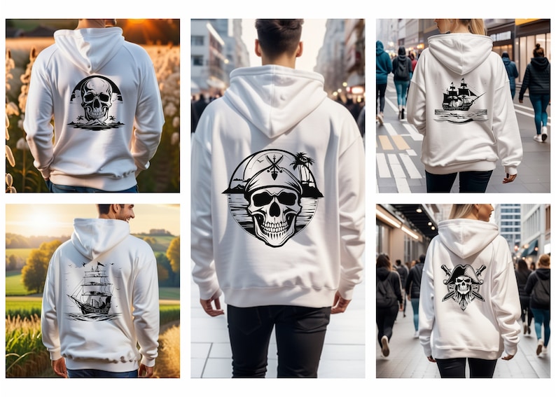 Peut inclure: Quatre sweats &agrave; capuche blancs avec diff&eacute;rents motifs graphiques noirs et blancs au dos. Les motifs comprennent un cr&acirc;ne avec des &eacute;p&eacute;es crois&eacute;es, un cr&acirc;ne avec un chapeau de pirate, un navire avec des voiles et un cr&acirc;ne avec des palmiers.