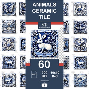May include: Set of 60 digital images of blue and white ceramic tiles featuring various animals, including a rabbit, a dragonfly, a crab, a deer, a flamingo, a unicorn, a snake, a koala, a jellyfish, and a polar bear. The tiles are 10 inches by 10 inches and 300 DPI.