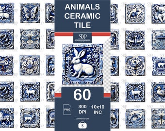 Paquete de 60 azulejos PNG de animales de Delft: Uso comercial (descarga digital)