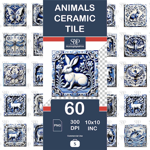 60 Delft Tiles Png,Animals Delft Tiles Png Bundle,High Quality Png,Animals Sublimation PNG, Ceramic Tiles Png Wall Art,Commercial Use