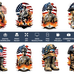 Op de afbeelding: Een digitale illustratie van een veteraan in militaire uniform en helm, die voor een Amerikaanse vlag staat. De illustratie is in vintage stijl en bevat het woord "Veteran" onderaan.