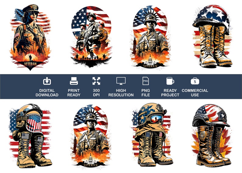 Op de afbeelding: Een digitale illustratie van een veteraan in militaire uniform en helm, die voor een Amerikaanse vlag staat. De illustratie is in vintage stijl en bevat het woord "Veteran" onderaan.