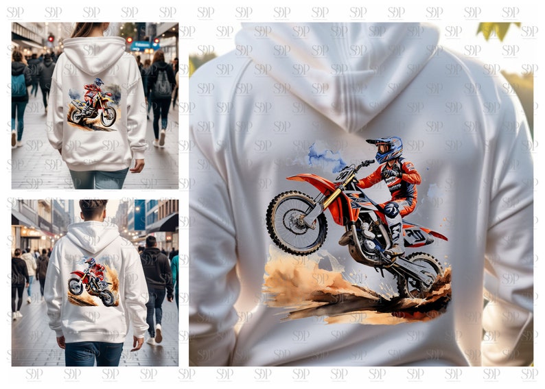 May include: White hoodie with a graphic print of a person riding a dirt bike. The dirt bike is orange and red with black wheels. The person is wearing a blue and red helmet and a red and white racing suit.