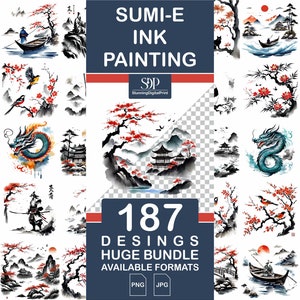 187 Sumi-e Aquarell Clipart Bündel, Sumi E Tintenmalerei, japanisches Sumi-e, chinesisches Sumi-e Clipart, hochwertige JPEG, klare PNG, kommerzielle Nutzung