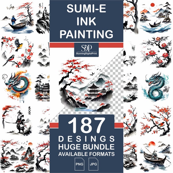 187 Sumi-e Watercolor Clipart Bundle,Sumi E Ink Painting,Japanese Sumi-e,Chinese Sumi-e Clipart,High Quality JPEG, Clear PNG, Commercial Use