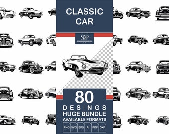 May include: A collection of 80 black and white classic car illustrations. The cars are in various styles, including sedans, convertibles, and coupes. The illustrations are perfect for use in digital and print projects.