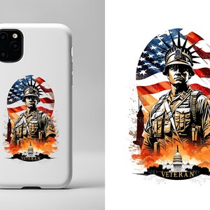 Op de afbeelding: Een witte telefoonhoes met een afbeelding van een soldaat die voor een Amerikaanse vlag staat. De soldaat draagt een helm met een kroon van het Vrijheidsbeeld. De afbeelding bevat ook het Capitool en het woord "Veteran".