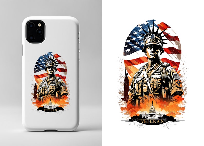 Op de afbeelding: Een witte telefoonhoes met een afbeelding van een soldaat die voor een Amerikaanse vlag staat. De soldaat draagt een helm met een kroon van het Vrijheidsbeeld. De afbeelding bevat ook het Capitool en het woord "Veteran".