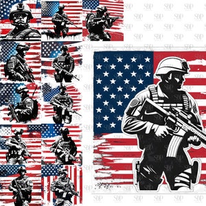 May include: A digital collage featuring a soldier holding a rifle in front of an American flag. The soldier is wearing a helmet and tactical gear. The flag is red, white, and blue with a distressed look. The background is a white pattern of the letters "SOP".