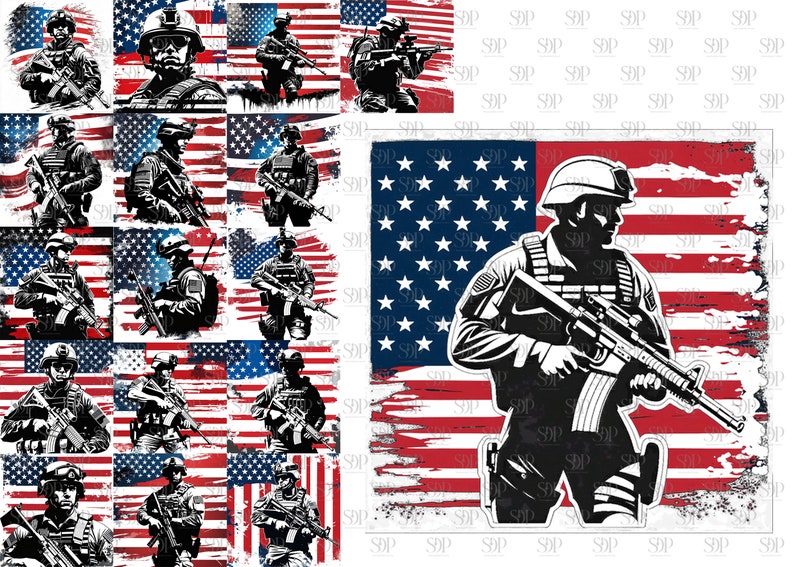 May include: A digital collage featuring a soldier holding a rifle in front of an American flag. The soldier is wearing a helmet and tactical gear. The flag is red, white, and blue with a distressed look. The background is a white pattern of the letters "SOP".