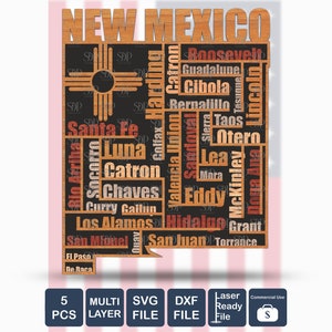 New Mexico Maps Svg, New Mexico Vector File,Multi Layered New Mexico, New Mexico Cut File, New Mexico Dxf File,New Mexico Laser File,