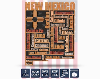 New Mexico Cities Map: 5-Layer Vector Cut File (SVG, DXF)