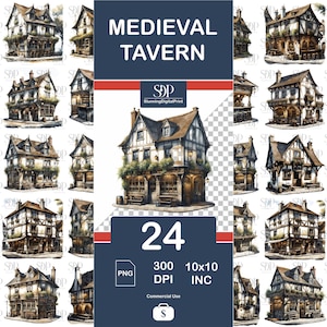 24 Medieval Tavern Png Bundle,High Quality Png,Watercolor Medieval Tavern ,Transparent Png,Sublimation PNG, Png Wall Art,Commercial Use