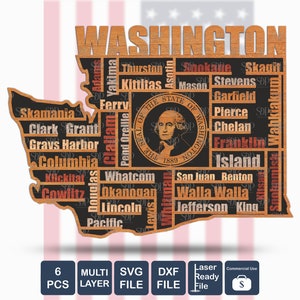 Washington Maps svg, Washington Vektordatei, mehrschichtiges Washington, Washington Cut-Datei, Washington Dxf-Datei, Washington Laser-Datei