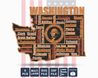Washington State Map SVG DXF: Multilayer Laser Cut File