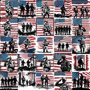May include: A digital collage of 25 images featuring American flags and soldiers. The images are in a grid pattern and feature various patriotic themes, including "The Mighty Honor Brave", "My Hero", and "Proud Veteran".
