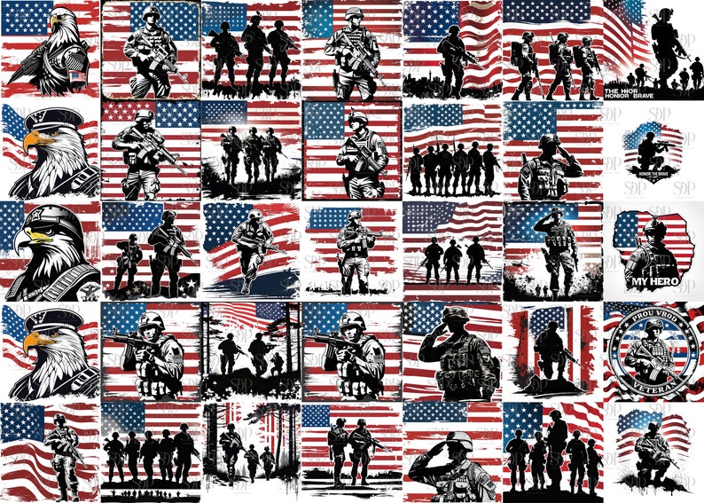 May include: A digital collage of 25 images featuring American flags and soldiers. The images are in a grid pattern and feature various patriotic themes, including "The Mighty Honor Brave", "My Hero", and "Proud Veteran".