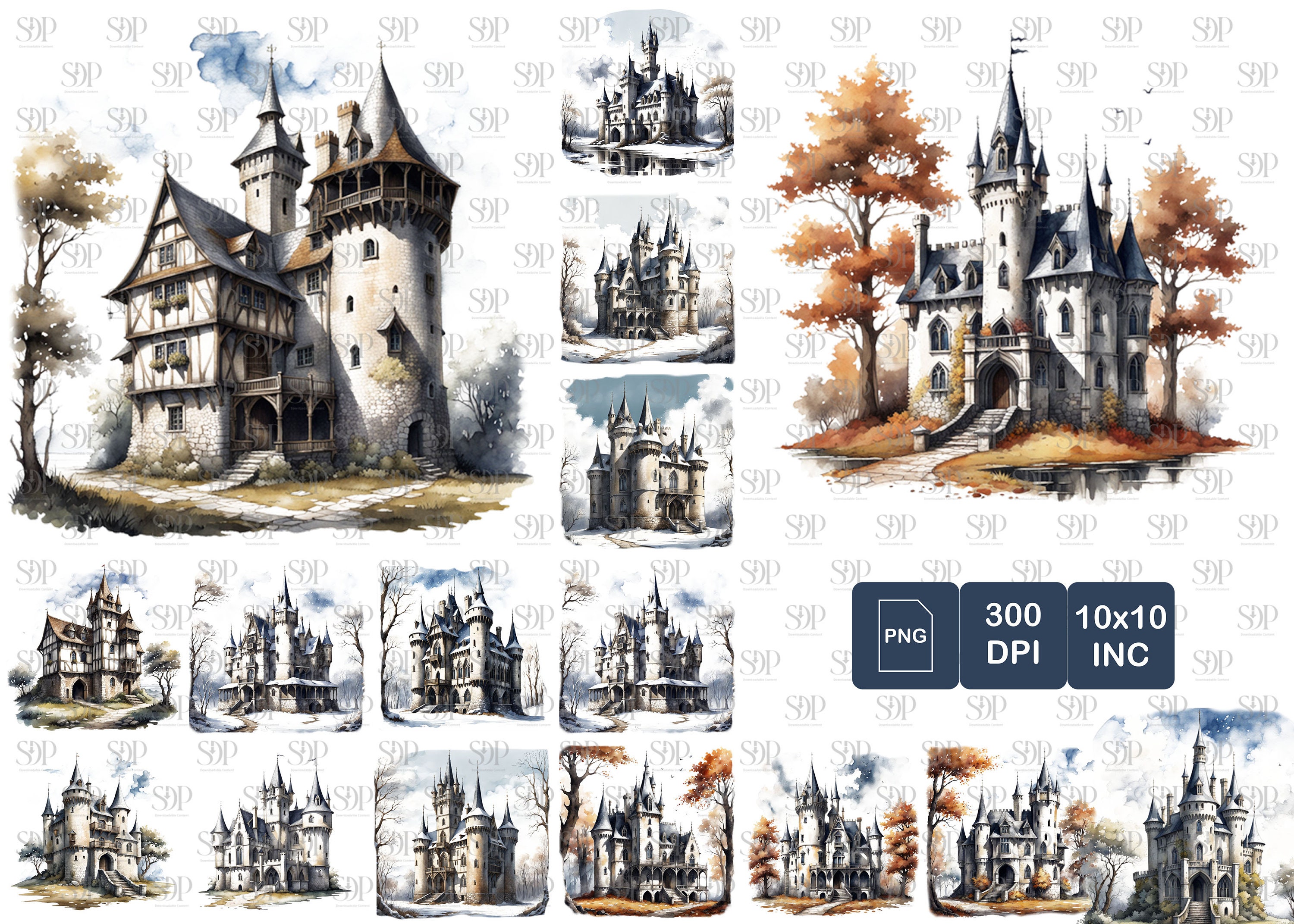24 Medieval Castle Png Bundle,high Quality Png,watercolor Medieval ...