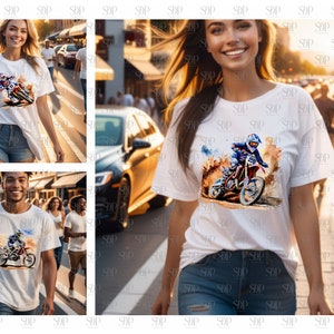 May include: White t-shirt with a watercolor illustration of a motocross rider on a dirt bike. The rider is wearing a blue and red helmet and jersey.